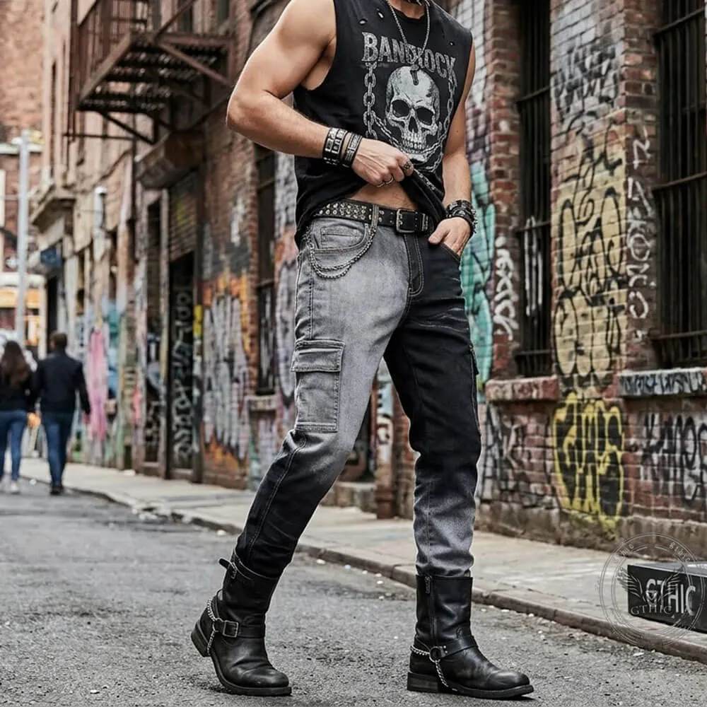 Black And Grey Color-Block Slim Straight-Leg Jeans sold by GTHIC