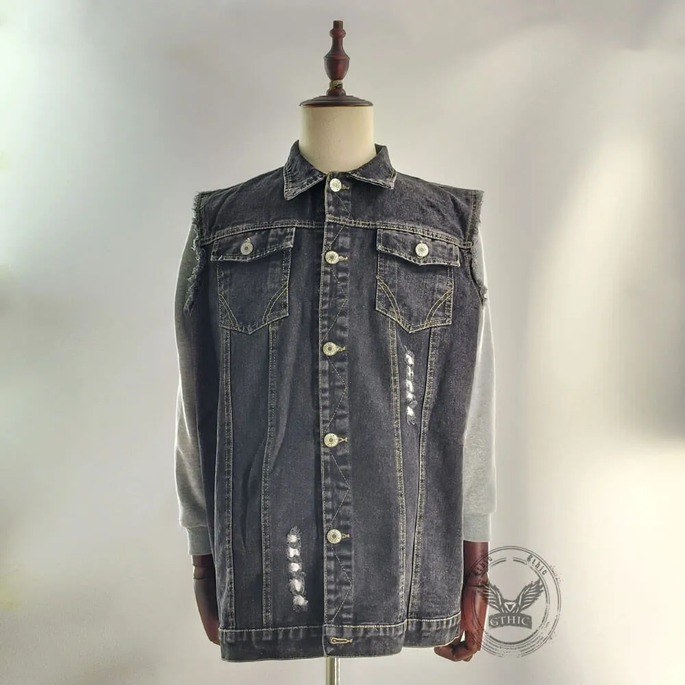 Punk Casual Ripped Lapel Collar Denim Vest sold by GTHIC product image thumbnail 4