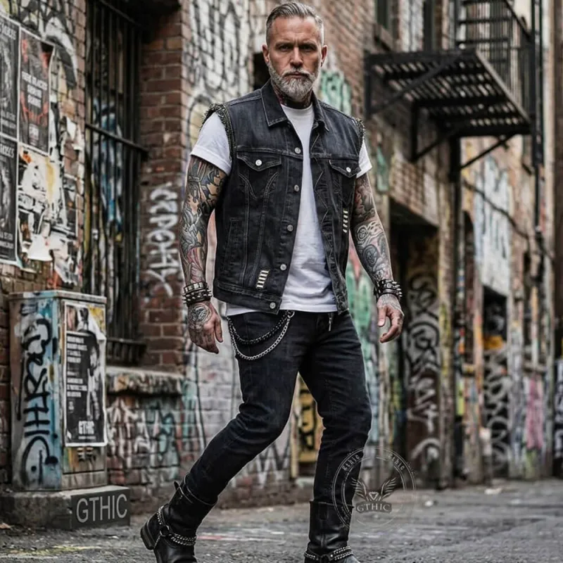 Punk Casual Ripped Lapel Collar Denim Vest made by GTHIC