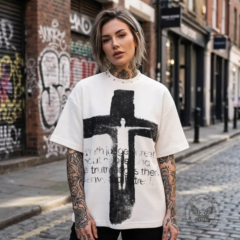 Vintage Distressed Cross-Print Waffle-Knit Loose T-Shirt made by GTHIC