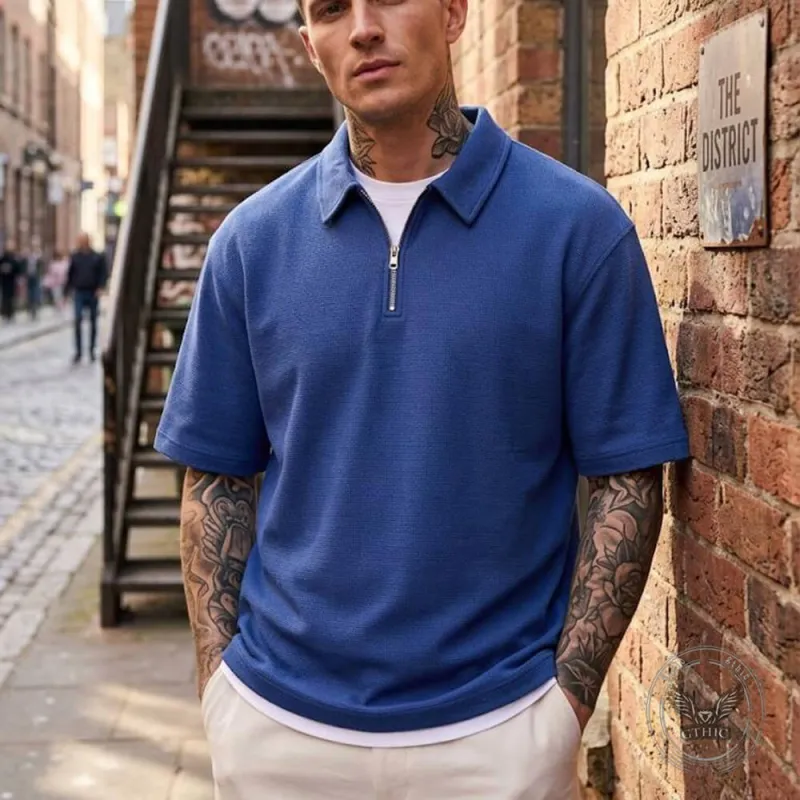 Casual Solid-Color Half-Zip Lapel Polo Shirt made by GTHIC