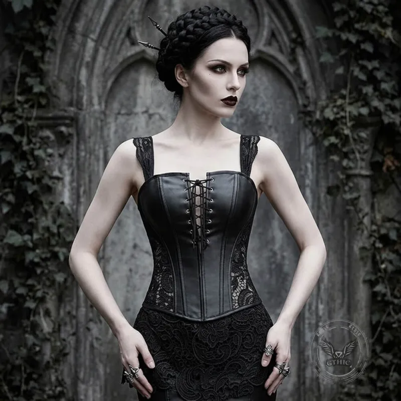 Gothic Lace Hem PU Leather Cutout Corset made by GTHIC