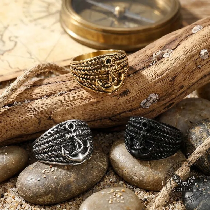 Vintage Hemp Rope Anchor Stainless Steel Ring made by GTHIC