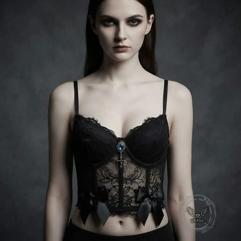 Gem-Embellished Sheer Lace Corset Crop Top sold by GTHIC