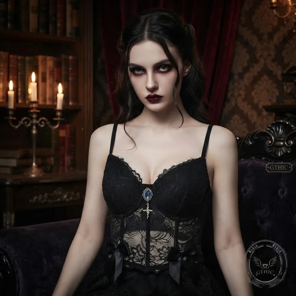 Gem-Embellished Sheer Lace Corset Crop Top sold by GTHIC product image thumbnail 2