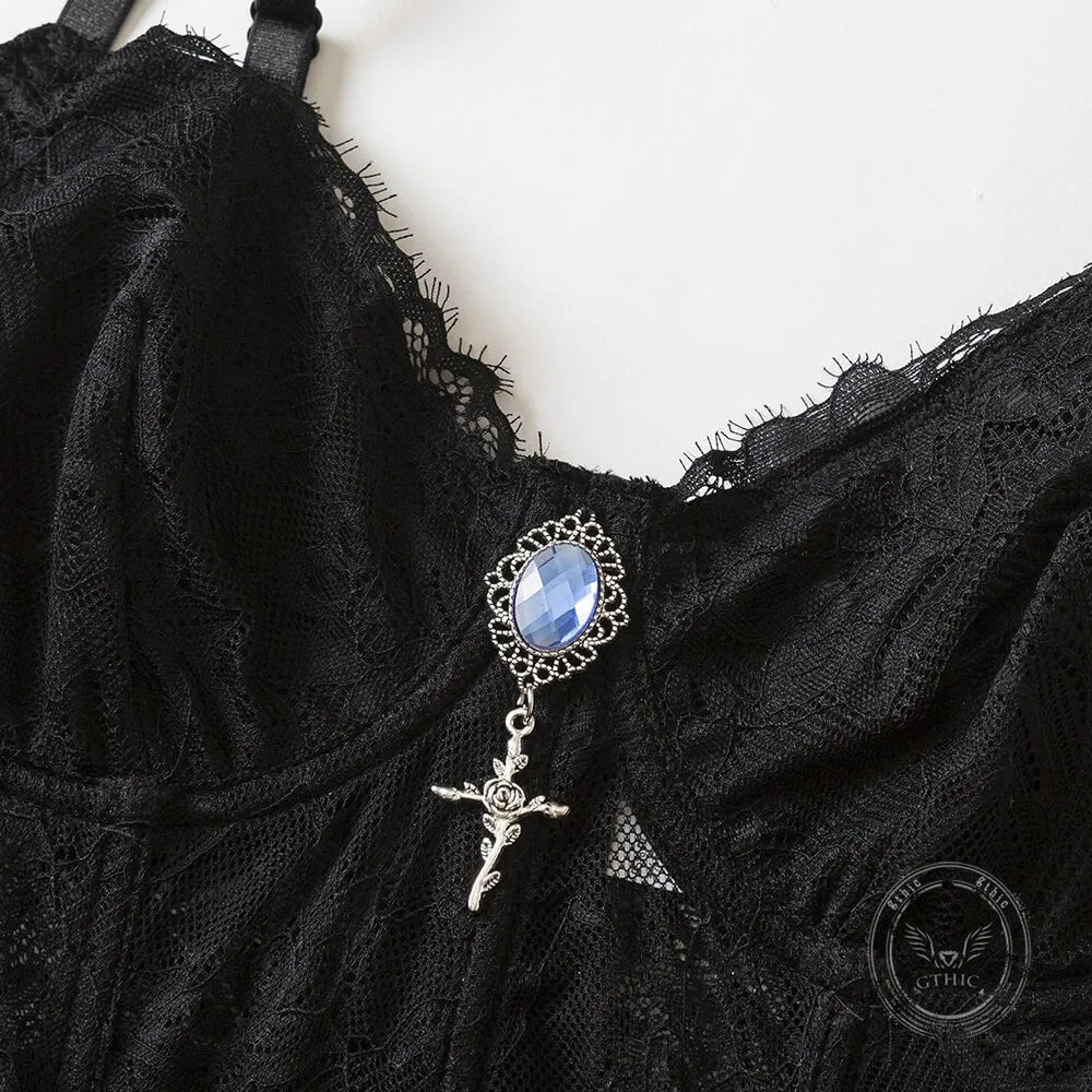 Gem-Embellished Sheer Lace Corset Crop Top sold by GTHIC product image thumbnail 5