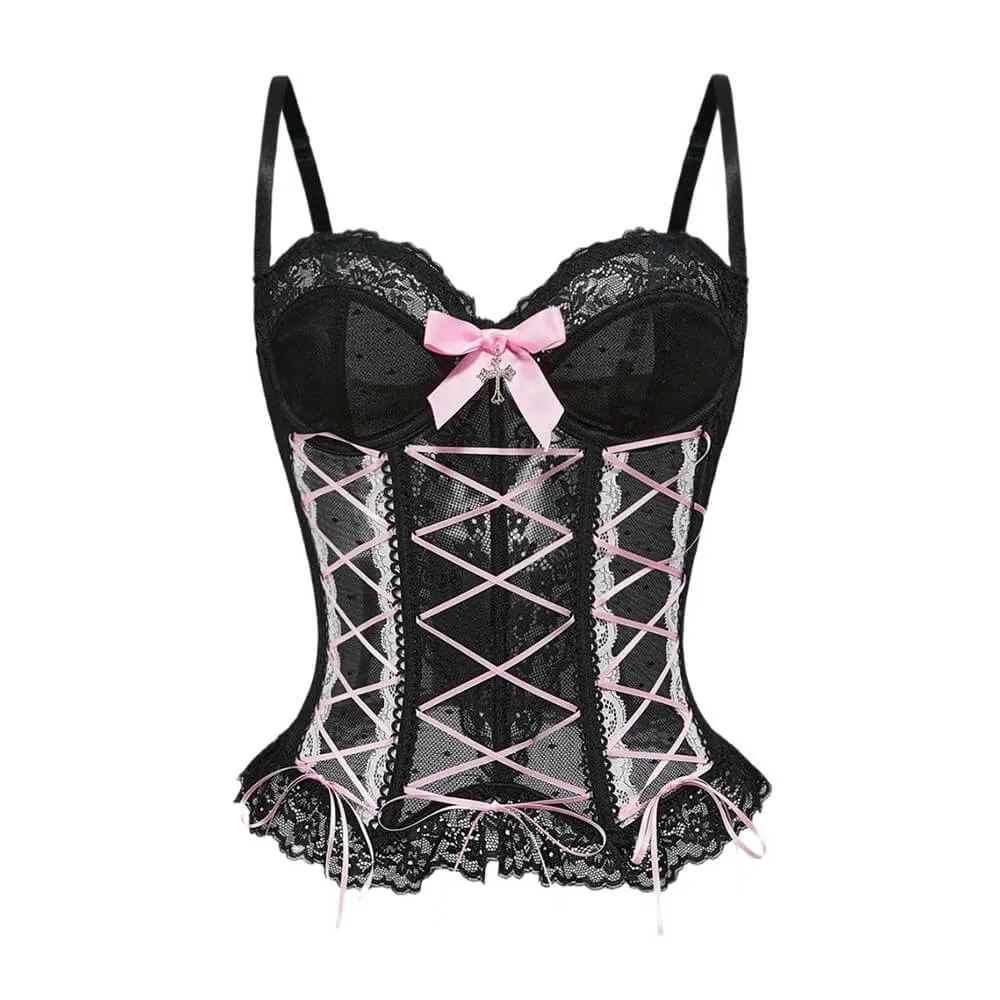 Gothic Sheer Lace Criss Cross Bow Detail Corset sold by GTHIC product image thumbnail 5