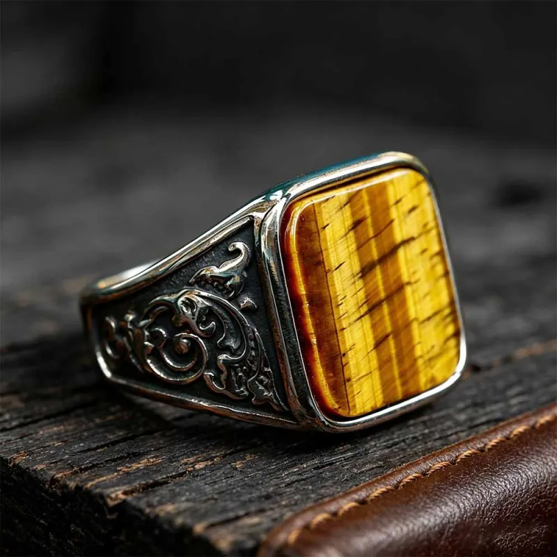 Vintage Wood Grain Gemstone Stainless Steel Ring made by GTHIC