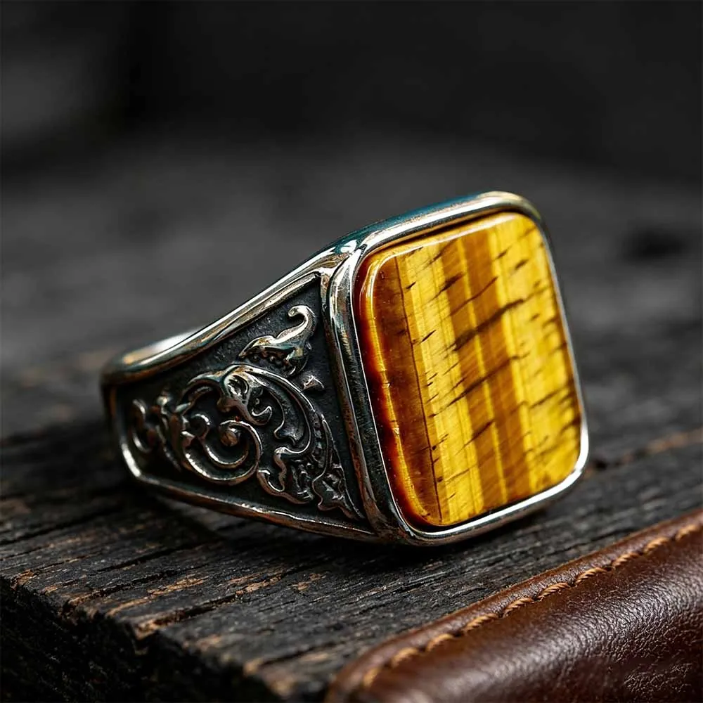 Vintage Wood Grain Gemstone Stainless Steel Ring sold by GTHIC
