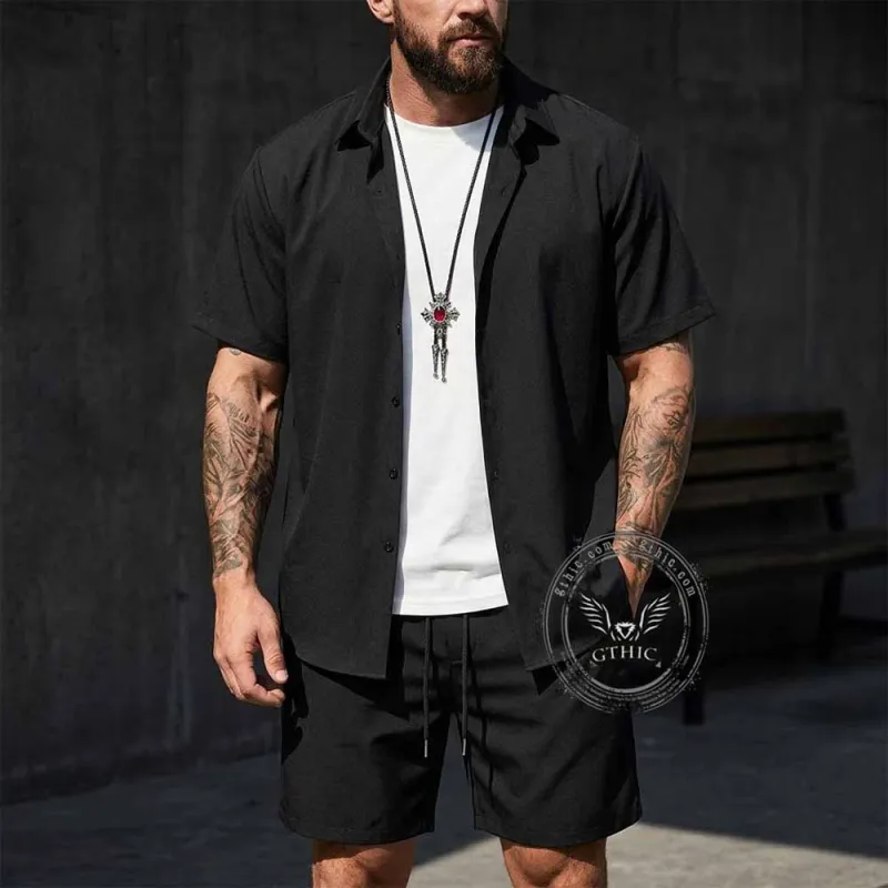 Solid Color Casual Vacation Shirt and Shorts Set made by GTHIC