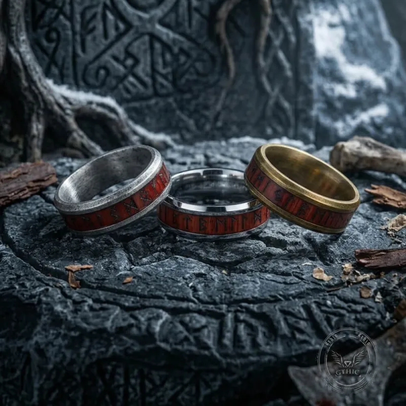 Viking Runes Stainless Steel Wood Inlay Band Ring made by GTHIC