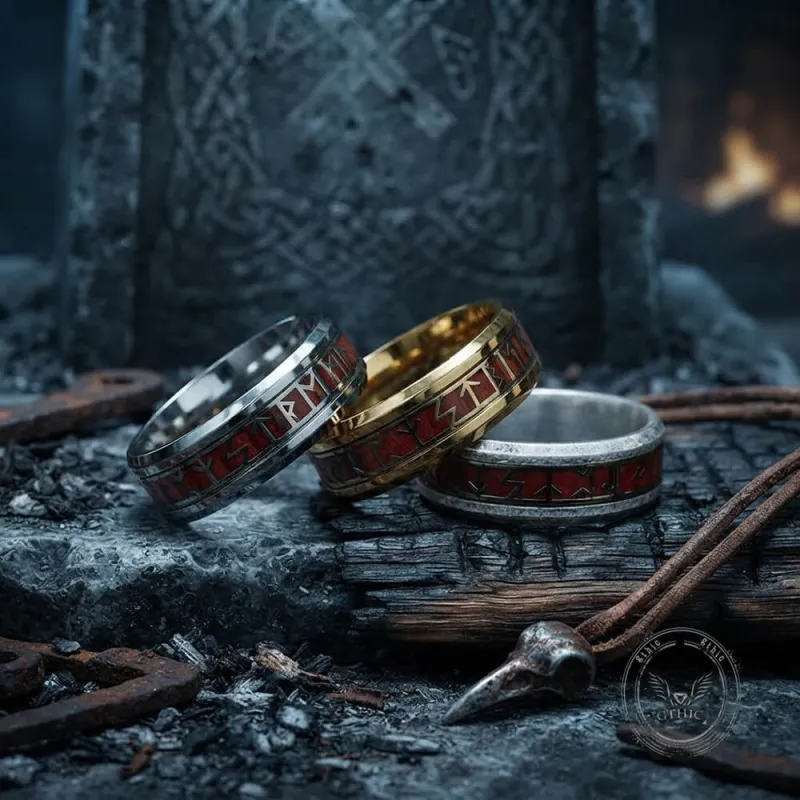 Nordic Runes Stainless Steel Viking Wood Band Ring made by GTHIC