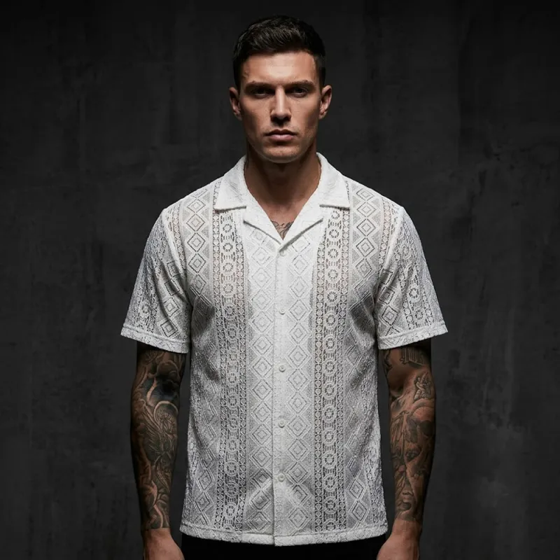 Casual Cut-Outs Buttons Lace Short-Sleeve Shirt made by GTHIC
