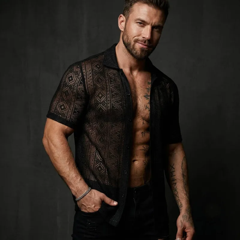 Casual Holiday Sheer Lace Short-Sleeve Shirt made by GTHIC