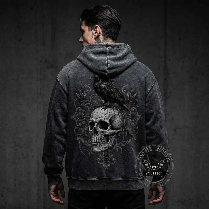 Gothic Raven Skull Cotton Vintage Washed Hoodie made by GTHIC