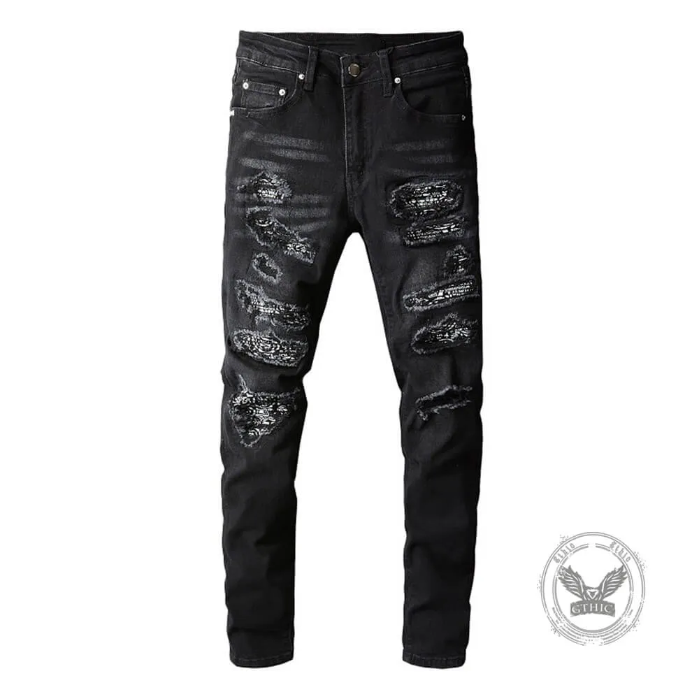 Punk Raw-Edge Distressed Patch Slim-Fit Jeans sold by GTHIC product image thumbnail 4