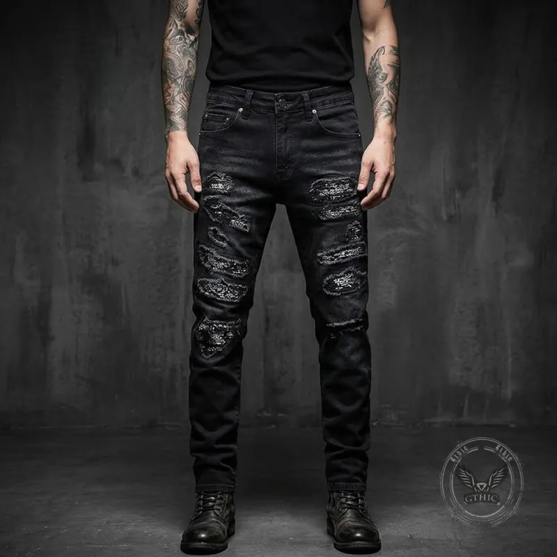 Punk Raw-Edge Distressed Patch Slim-Fit Jeans made by GTHIC