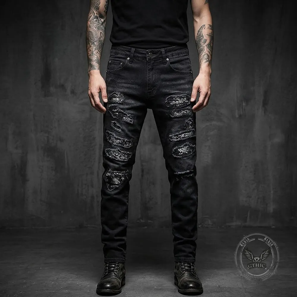 Punk Raw-Edge Distressed Patch Slim-Fit Jeans sold by GTHIC