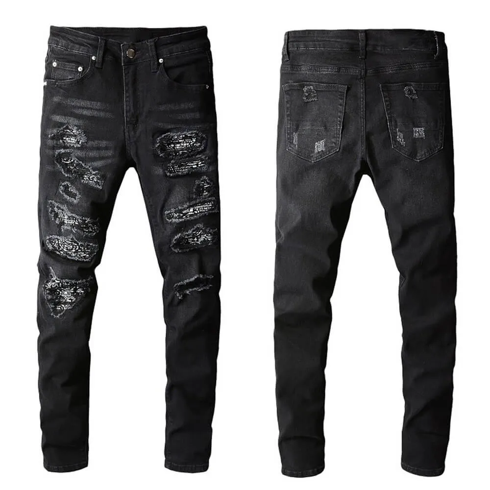 Punk Raw-Edge Distressed Patch Slim-Fit Jeans sold by GTHIC product image thumbnail 3
