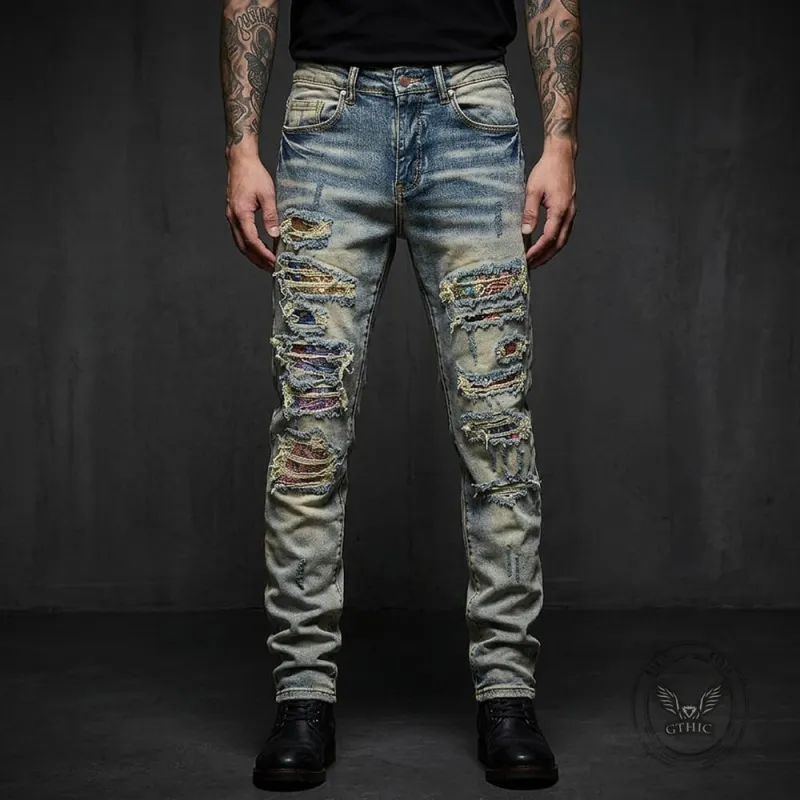 High-Street Distressed Patches Slim-Fit Stretch Jeans made by GTHIC