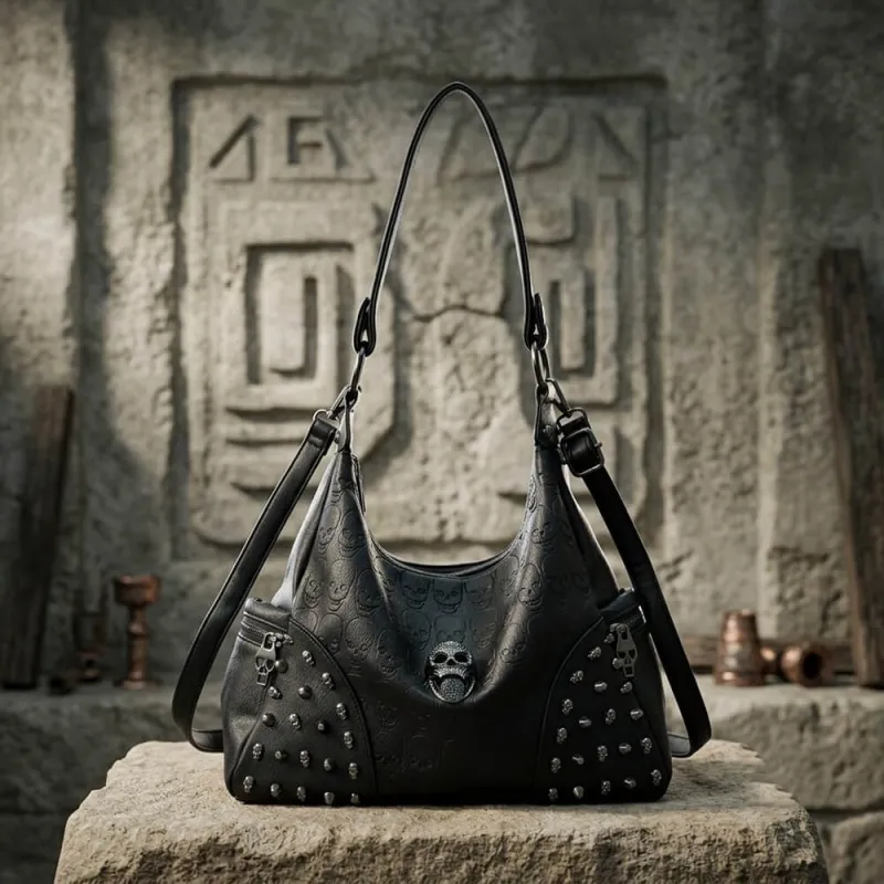 Skull Studs Large-Capacity Shoulder PU Leather Handbag made by GTHIC