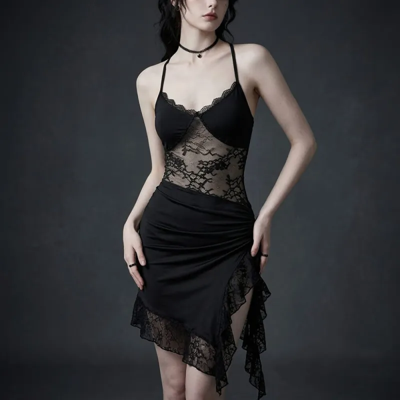 Gothic Black Lace Form-Fitting Sheer Halter-Neck Dress made by GTHIC