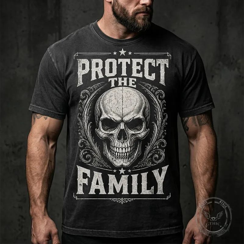 Protect The Family Skull Graphic Vintage Washed T-Shirt made by GTHIC