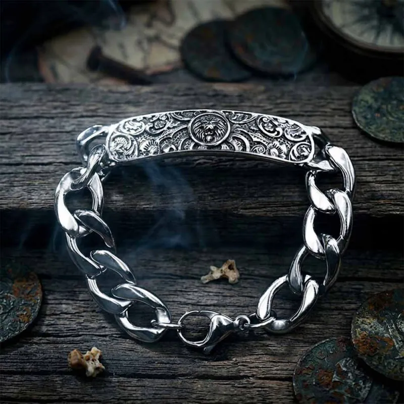 Punk Lion Carved Floral Stainless Steel Bracelet made by GTHIC