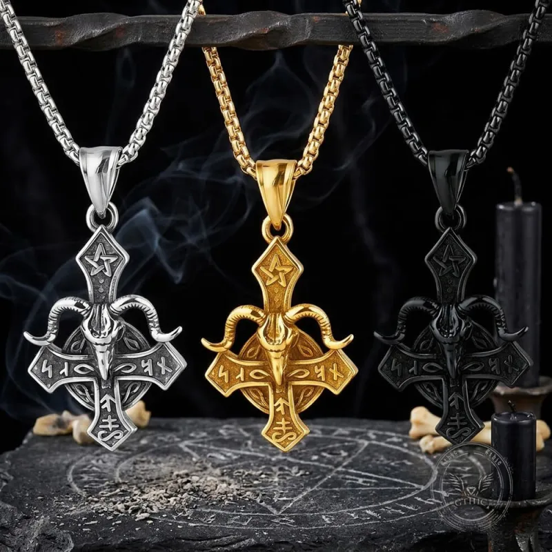 Vintage Baphomet Ram's Head Stainless Steel Cross Pendant made by GTHIC
