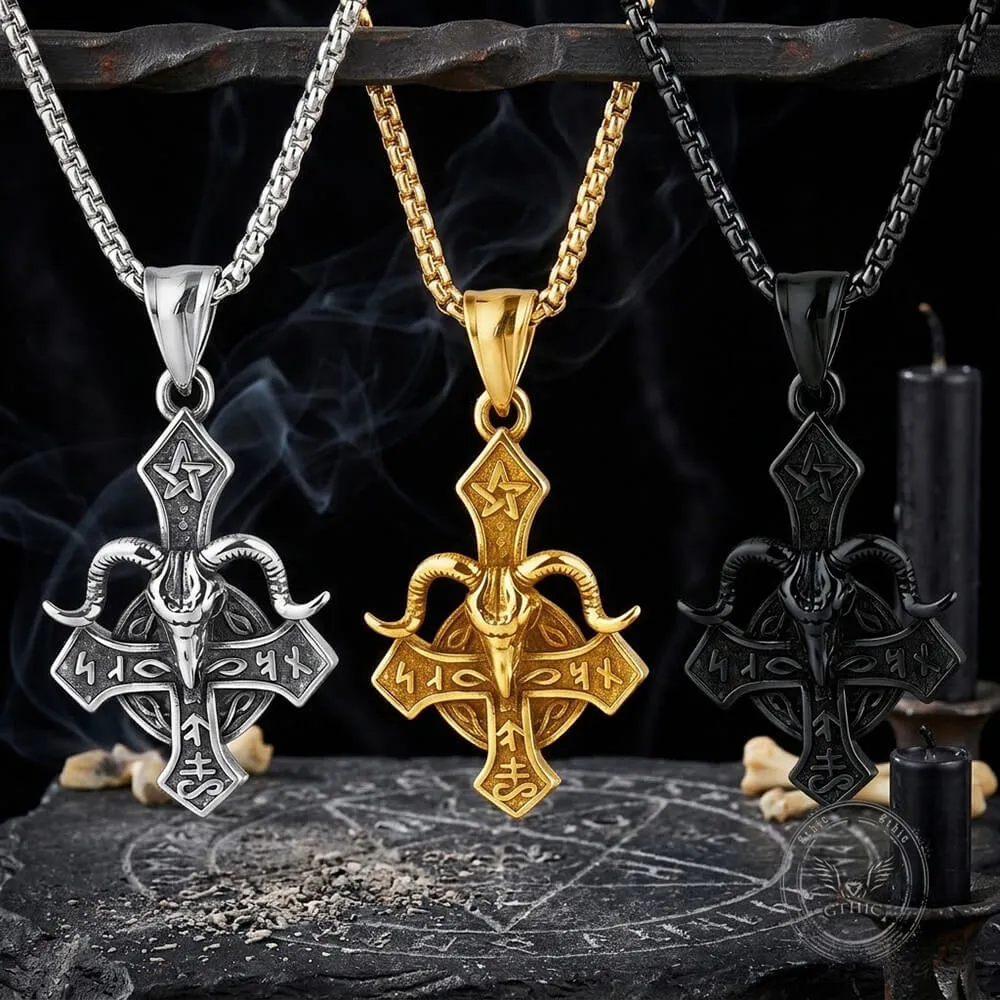 Vintage Baphomet Ram's Head Stainless Steel Cross Pendant sold by GTHIC