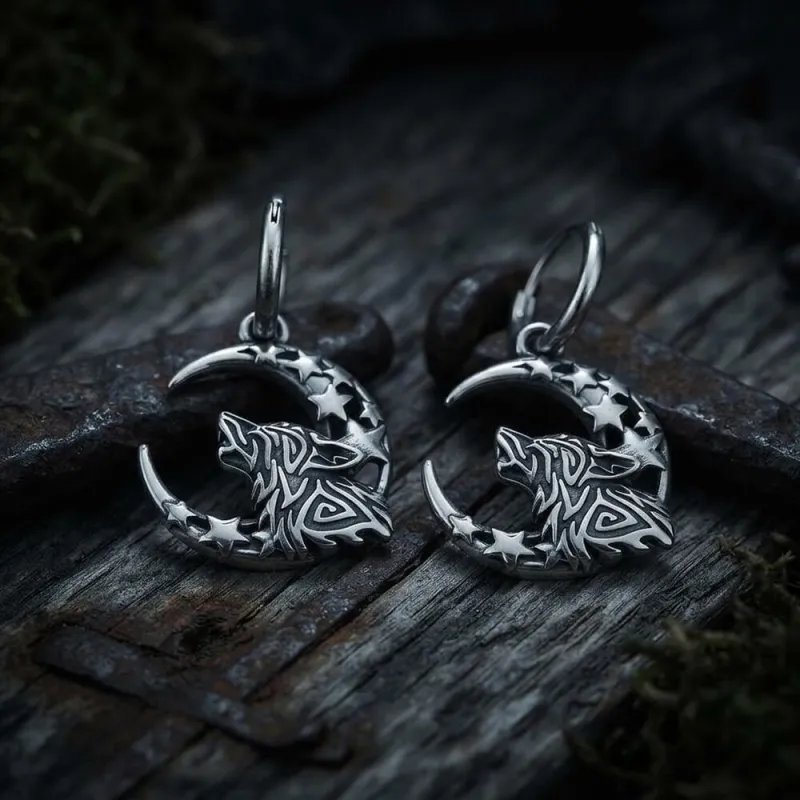 Viking Wolf Moon Stainless Steel Drop Earrings made by GTHIC