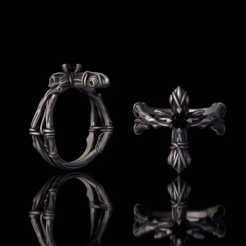 Vintage Vine Cross Zircon Inlay Sterling Silver Ring made by GTHIC
