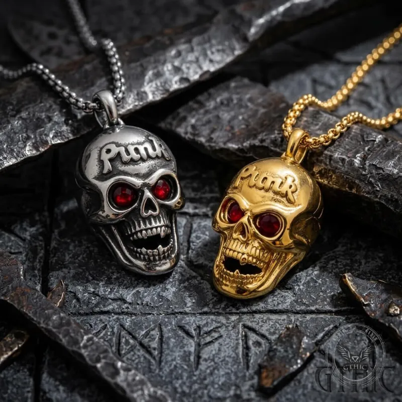 Hip-Hop Punk Red Gem Eyes Stainless Steel Skull Pendant made by GTHIC