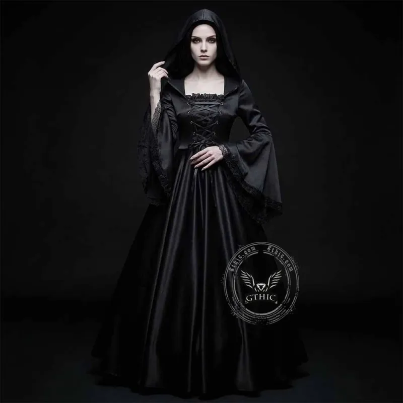 Gothic Medieval Hooded Satin Witch Cosplay Dress made by GTHIC