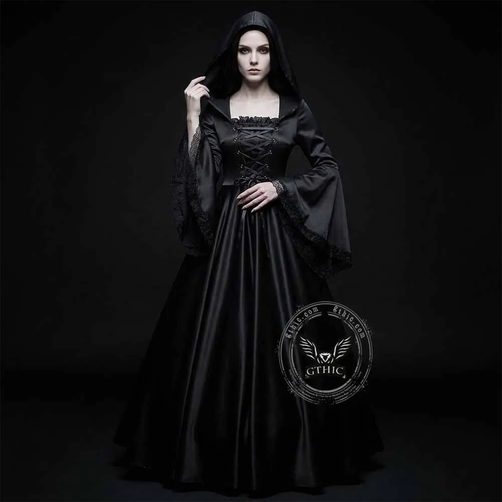 Gothic Medieval Hooded Satin Witch Cosplay Dress sold by GTHIC