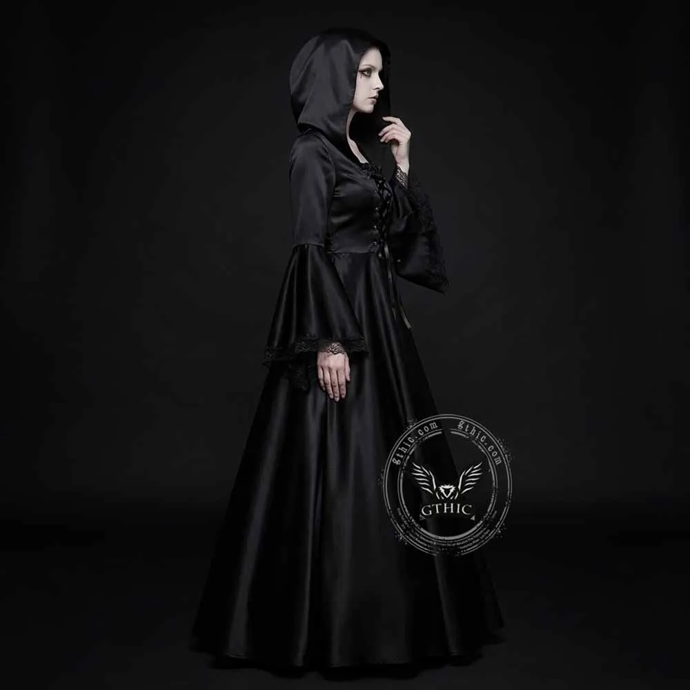 Gothic Medieval Hooded Satin Witch Cosplay Dress sold by GTHIC product image thumbnail 2
