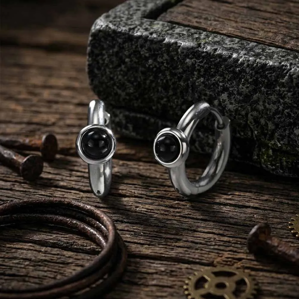 Minimalist Black Agate Stainless Steel Hoop Earrings sold by GTHIC
