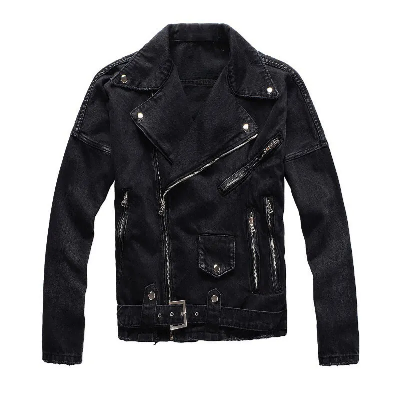 Men's Punk Lapel Zipper Slim Fit Denim Jacket sold by GTHIC