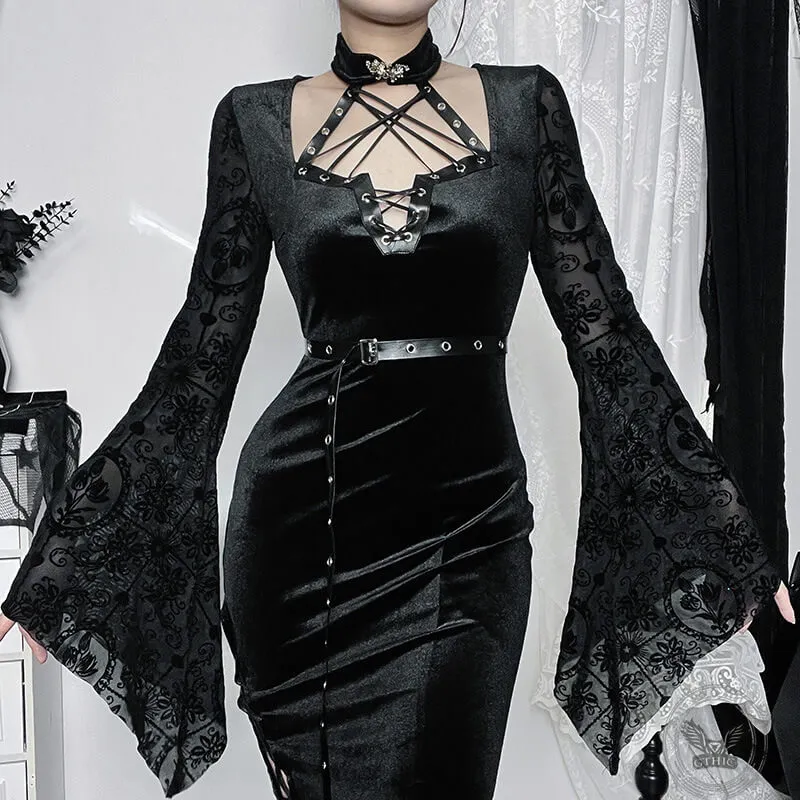 Gothic Slit Lace-Up Bell Sleeve Velvet Dress sold by GTHIC product image thumbnail 2