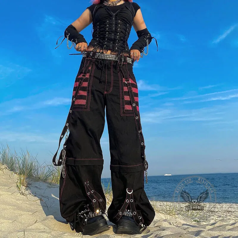 Gothic Striped Mesh Patchwork Cargo Pants sold by GTHIC