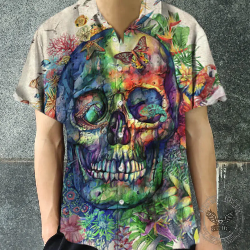Colorful Skull Head Print Polyester Hawaiian Shirt sold by GTHIC product image thumbnail 2
