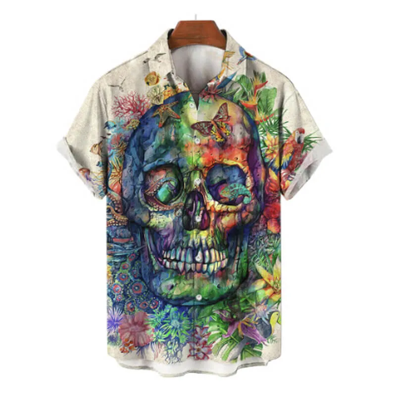 Colorful Skull Head Print Polyester Hawaiian Shirt sold by GTHIC