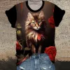 Gothic Cat Rose Print Round Neck Short Sleeve T-Shirt sold by GTHIC