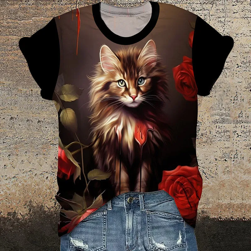 Gothic Cat Rose Print Round Neck Short Sleeve T-Shirt sold by GTHIC