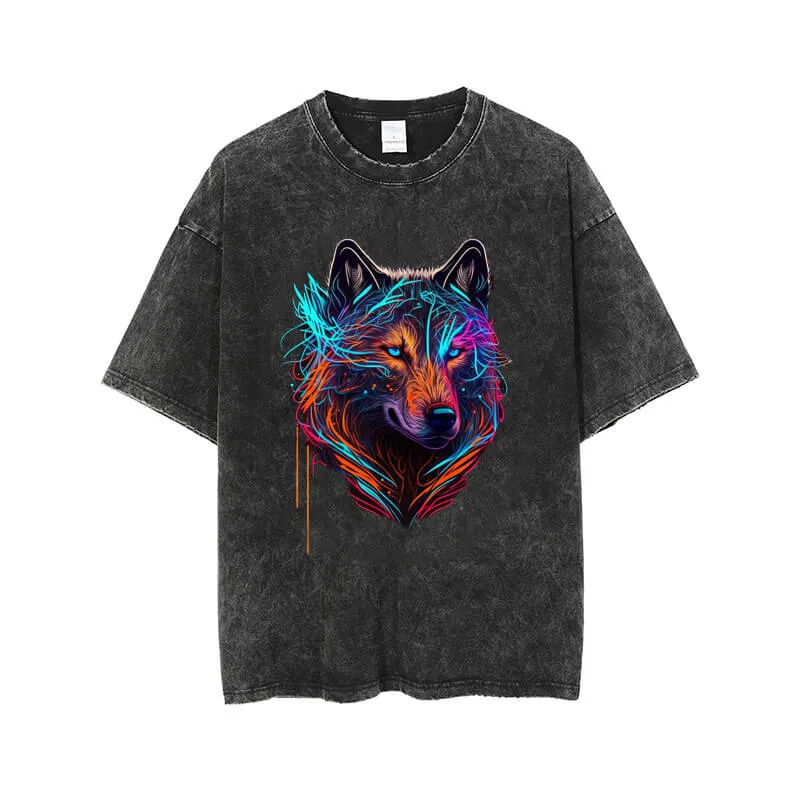 Cyberpunk Wolf Print Washed T-shirt sold by GTHIC