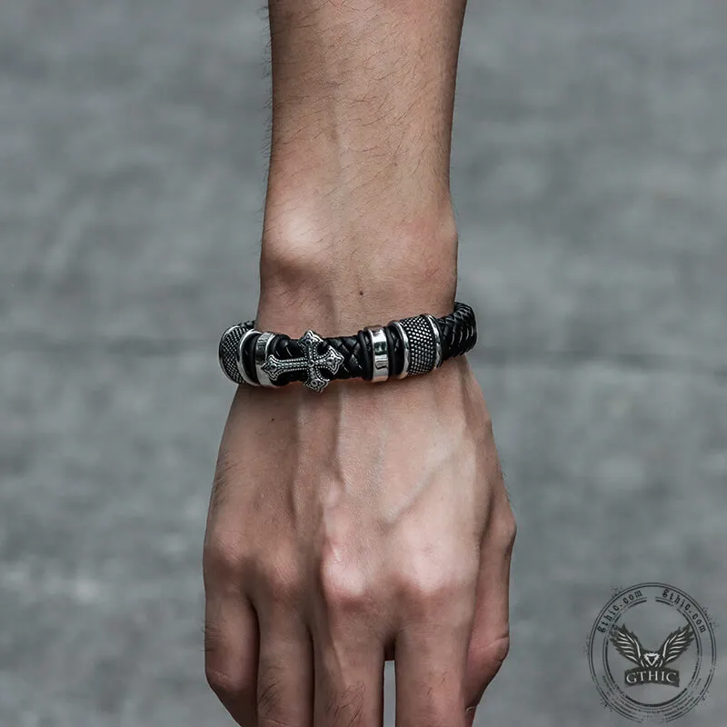 Budded Cross Stainless Steel Braided Leather Bracelet sold by GTHIC product image thumbnail 2