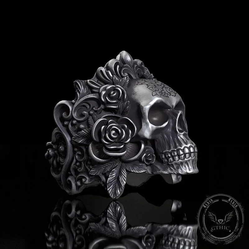 Rose Vine Pattern Skull Sterling Silver Ring sold by GTHIC product image thumbnail 3