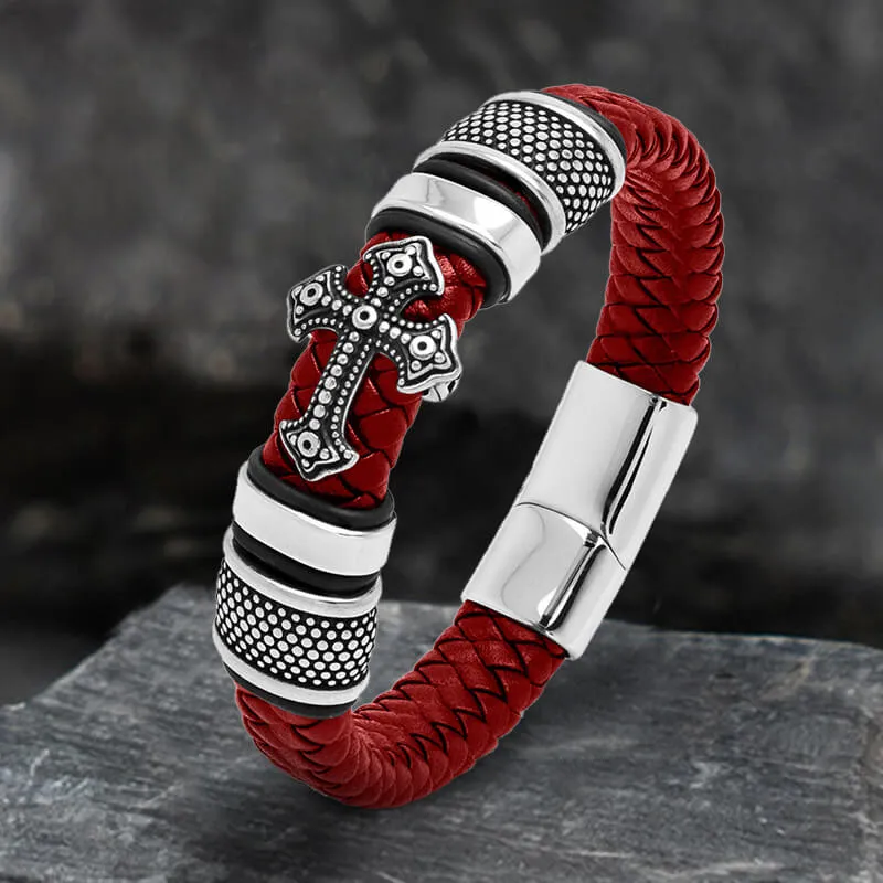 Budded Cross Stainless Steel Braided Leather Bracelet sold by GTHIC product image thumbnail 4
