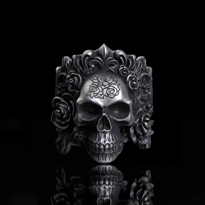 Rose Vine Pattern Skull Sterling Silver Ring sold by GTHIC product image thumbnail 2