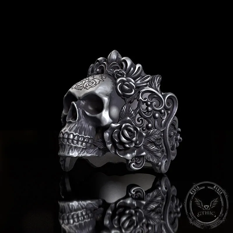 Rose Vine Pattern Skull Sterling Silver Ring sold by GTHIC product image thumbnail 4